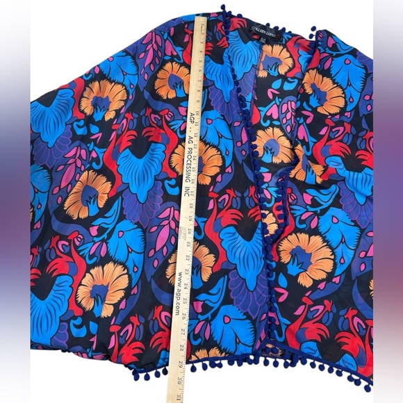 Colleen Lopez Floral Kimono 2X/3X Boho Pom Pom Trim Sheer Cover Up L3 - Picture 8 of 8